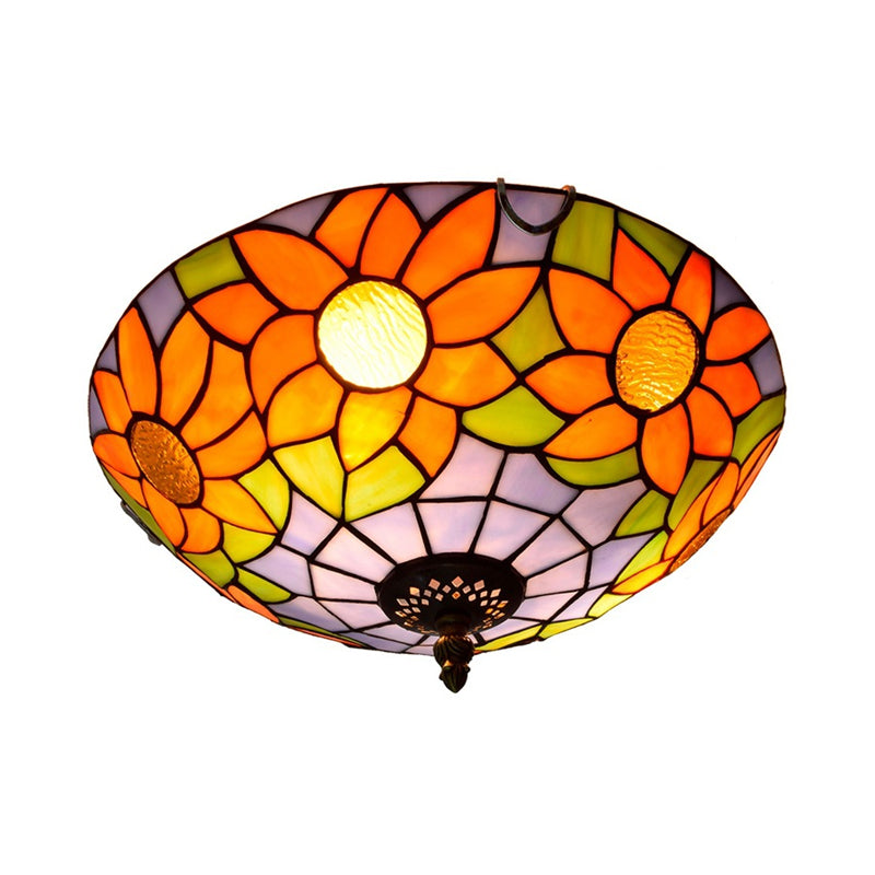 Blue/White Sunflower Tiffany Stained Glass Flush Mount Ceiling Light With 2/3 Bulbs - 12/16 W