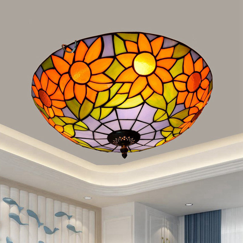 Blue/White Sunflower Tiffany Stained Glass Flush Mount Ceiling Light With 2/3 Bulbs - 12’/16’ W