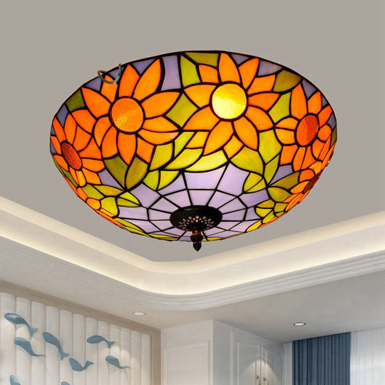Blue/White Sunflower Tiffany Stained Glass Flush Mount Ceiling Light With 2/3 Bulbs - 12/16 W
