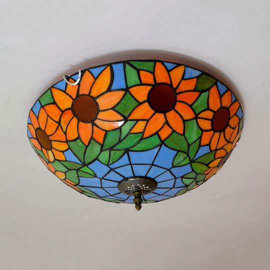 Blue/White Sunflower Tiffany Stained Glass Flush Mount Ceiling Light With 2/3 Bulbs - 12’/16’ W