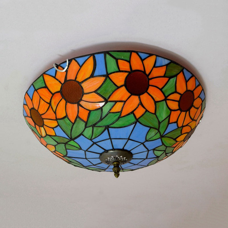 Blue/White Sunflower Tiffany Stained Glass Flush Mount Ceiling Light With 2/3 Bulbs - 12/16 W