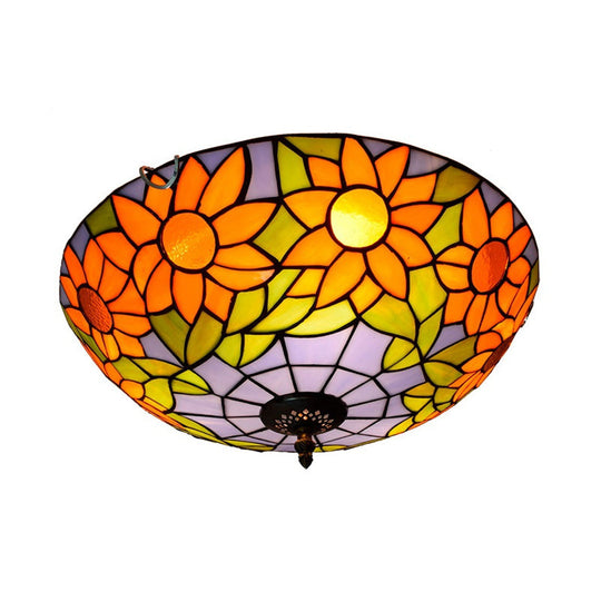 Blue/White Sunflower Tiffany Stained Glass Flush Mount Ceiling Light With 2/3 Bulbs - 12’/16’ W