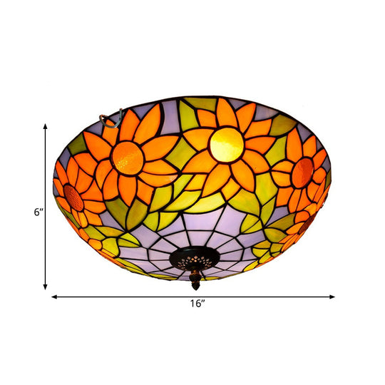 Blue/White Sunflower Tiffany Stained Glass Flush Mount Ceiling Light With 2/3 Bulbs - 12’/16’ W