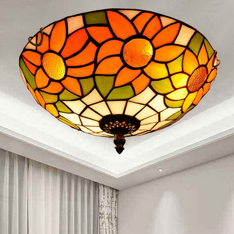 Blue/White Sunflower Tiffany Stained Glass Flush Mount Ceiling Light With 2/3 Bulbs - 12/16 W