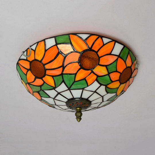Blue/White Sunflower Tiffany Stained Glass Flush Mount Ceiling Light With 2/3 Bulbs - 12’/16’ W