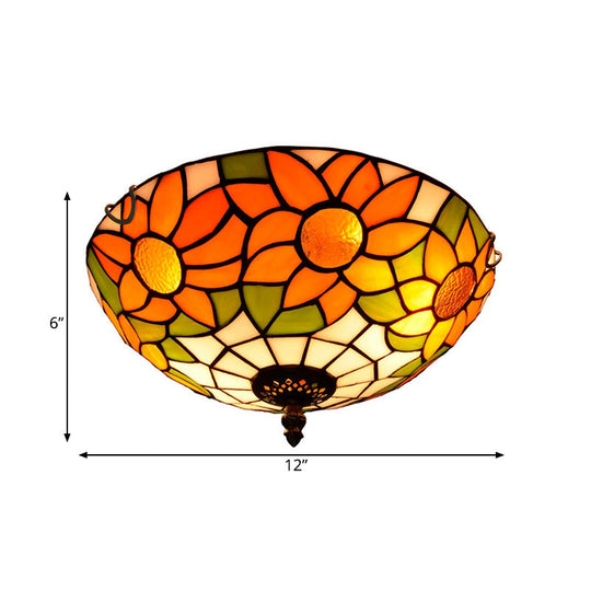 Blue/White Sunflower Tiffany Stained Glass Flush Mount Ceiling Light With 2/3 Bulbs - 12’/16’ W