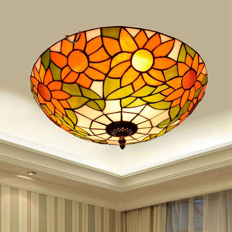 Blue/White Sunflower Tiffany Stained Glass Flush Mount Ceiling Light With 2/3 Bulbs - 12/16 W