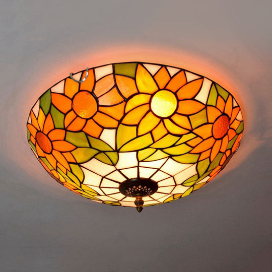 Blue/White Sunflower Tiffany Stained Glass Flush Mount Ceiling Light With 2/3 Bulbs - 12’/16’ W