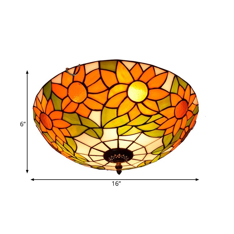 Blue/White Sunflower Tiffany Stained Glass Flush Mount Ceiling Light With 2/3 Bulbs - 12/16 W