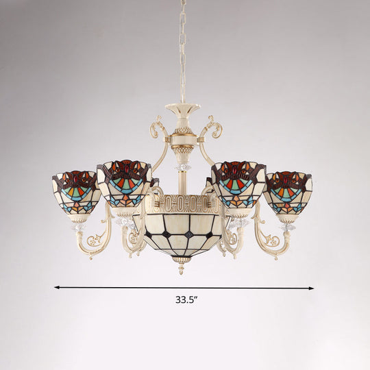 Mediterranean Cream 6-Light Ceiling Chandelier With Stained Glass Shade For Living Room
