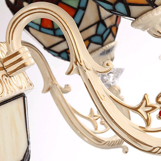 Mediterranean Cream 6-Light Ceiling Chandelier With Stained Glass Shade For Living Room
