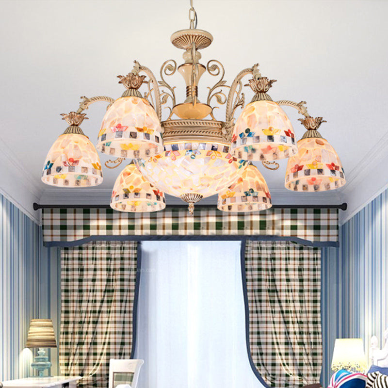 White And Gold Stained Glass Mosaic Chandelier - Tiffany Style 9/11 Lights Hanging Lamp Kit 9 /