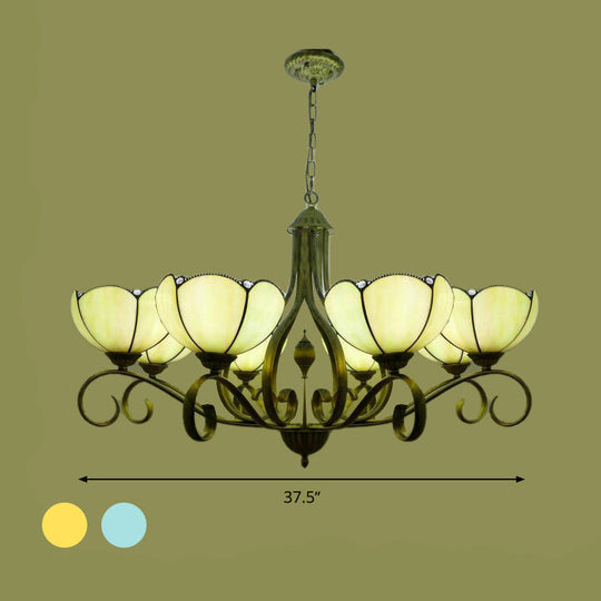 Scalloped Tiffany Chandelier: Yellow/Blue Stained Glass 3/6/8 Lights Hanging Fixture
