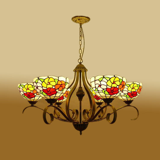 Mediterranean Stained Glass Ceiling Chandelier With Flower Design - Antique Brass Pendant Light