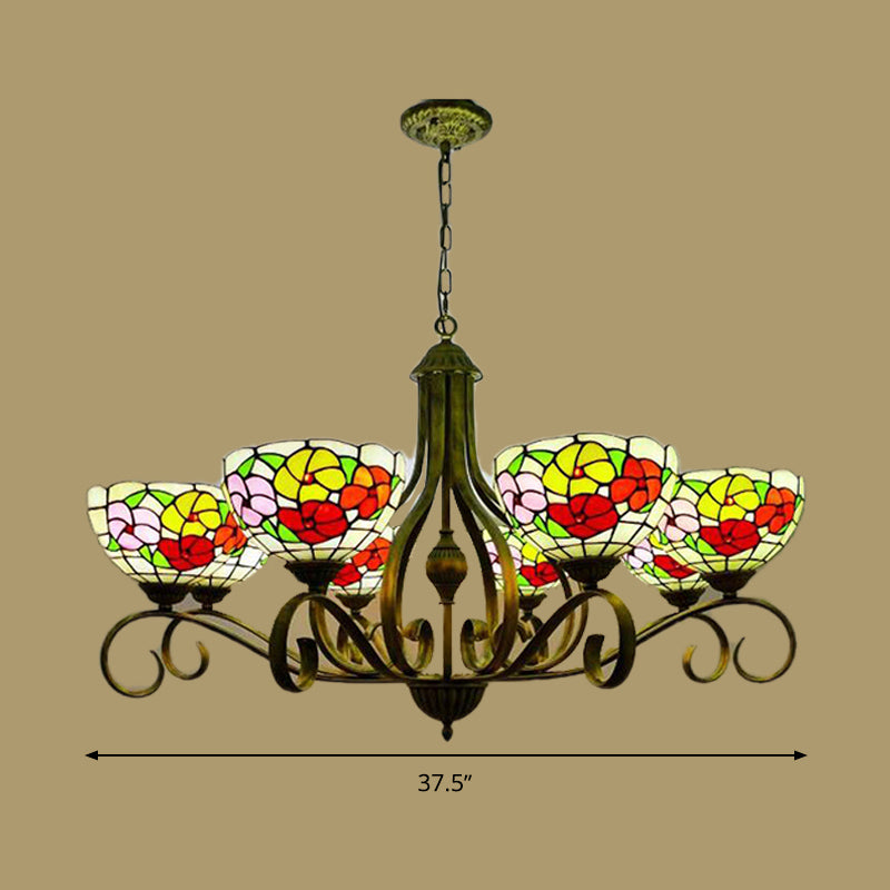 Mediterranean Stained Glass Ceiling Chandelier With Flower Design - Antique Brass Pendant Light