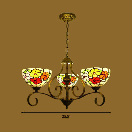 Mediterranean Stained Glass Ceiling Chandelier With Flower Design - Antique Brass Pendant Lights