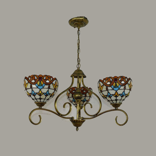 Stained Glass Tiffany Pendant Chandelier With Domed Shape - Antique Brass Finish 3/6/8 Lights 3 /