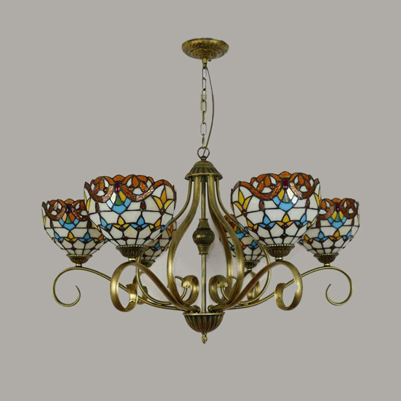 Stained Glass Tiffany Pendant Chandelier With Domed Shape - Antique Brass Finish 3/6/8 Lights 6 /