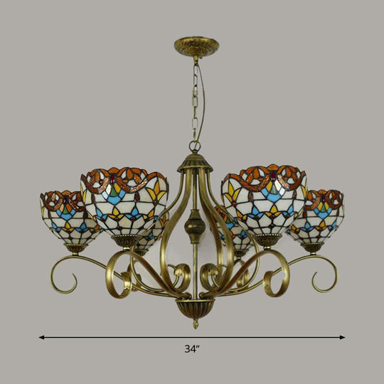 Stained Glass Tiffany Pendant Chandelier With Domed Shape - Antique Brass Finish 3/6/8 Lights