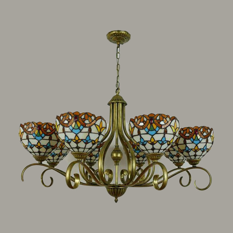 Stained Glass Tiffany Pendant Chandelier With Domed Shape - Antique Brass Finish 3/6/8 Lights 8 /