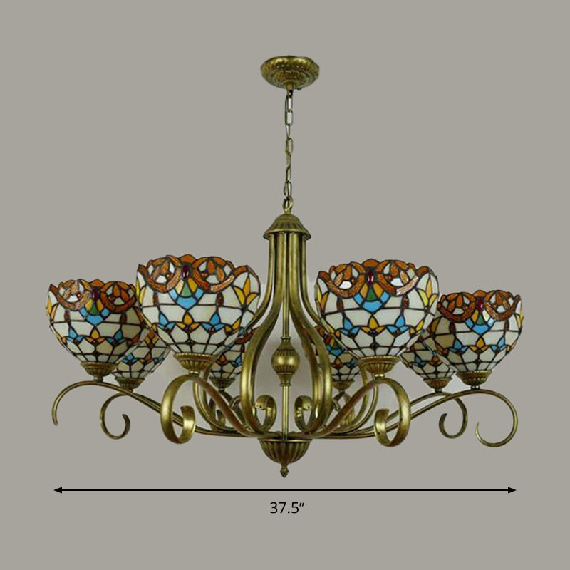 Stained Glass Tiffany Pendant Chandelier With Domed Shape - Antique Brass Finish 3/6/8 Lights