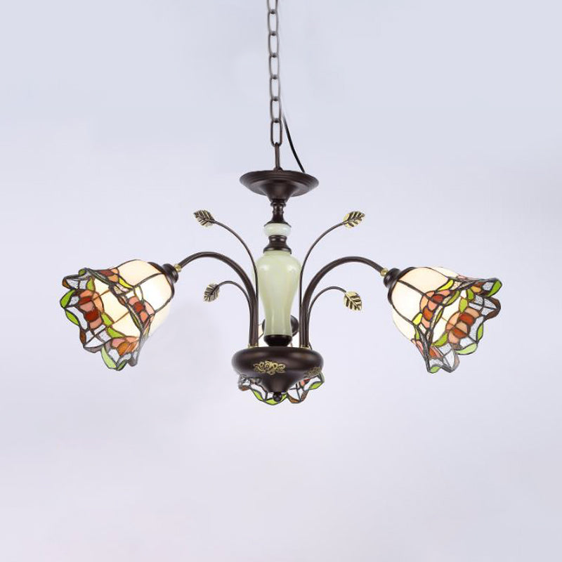 Tiffany Style Art Glass Pendant Chandelier With Floral Design & Bronze Finish For Bedroom - 3/6/8