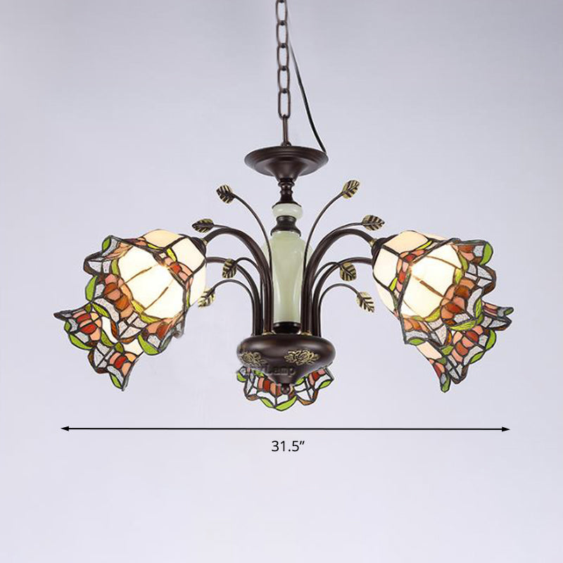 Tiffany Style Art Glass Pendant Chandelier With Floral Design & Bronze Finish For Bedroom - 3/6/8