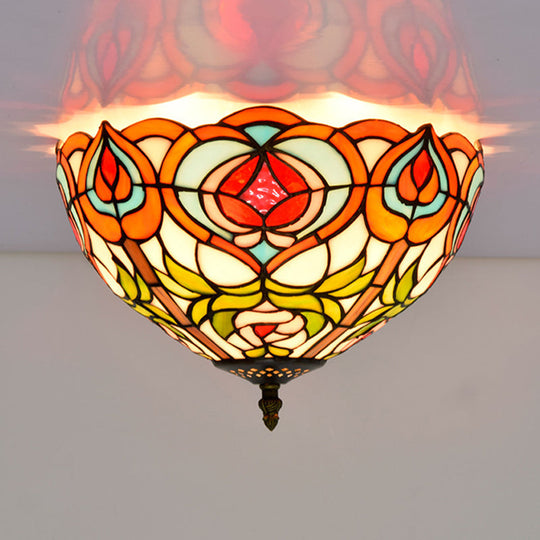 Victorian Glass Ceiling Flush Mount Light Fixture - Bowl Cut 2/3/5 Heads White/Green 12/16/19.5 Wide