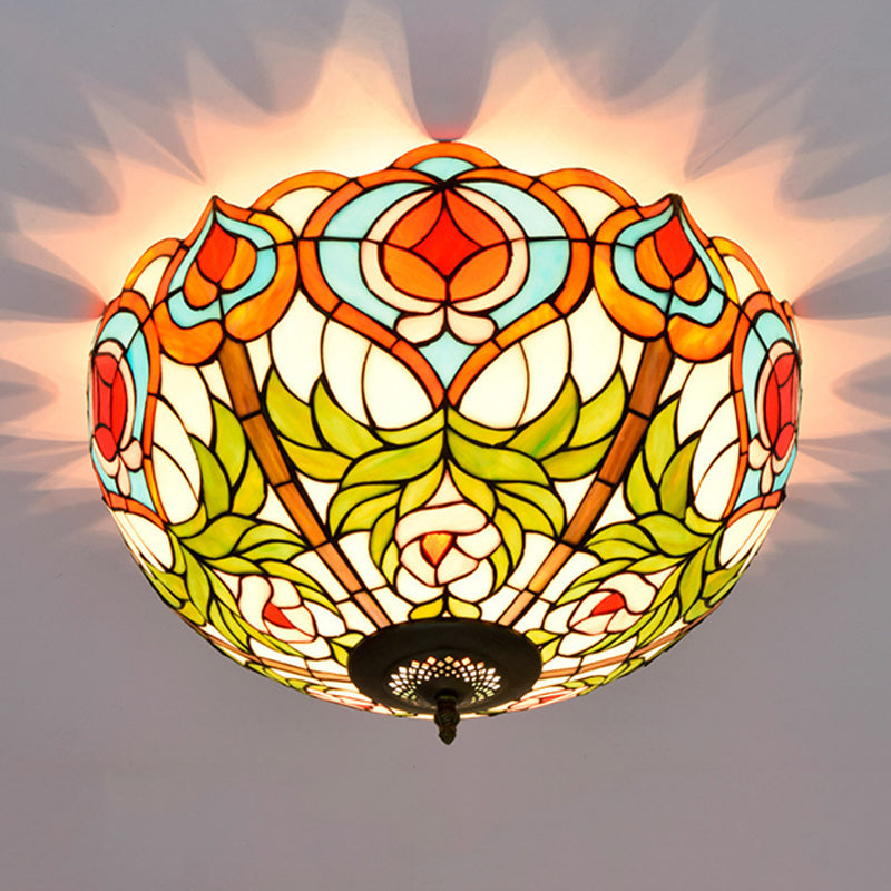 Victorian Glass Ceiling Flush Mount Light Fixture - Bowl Cut 2/3/5 Heads White/Green 12/16/19.5 Wide