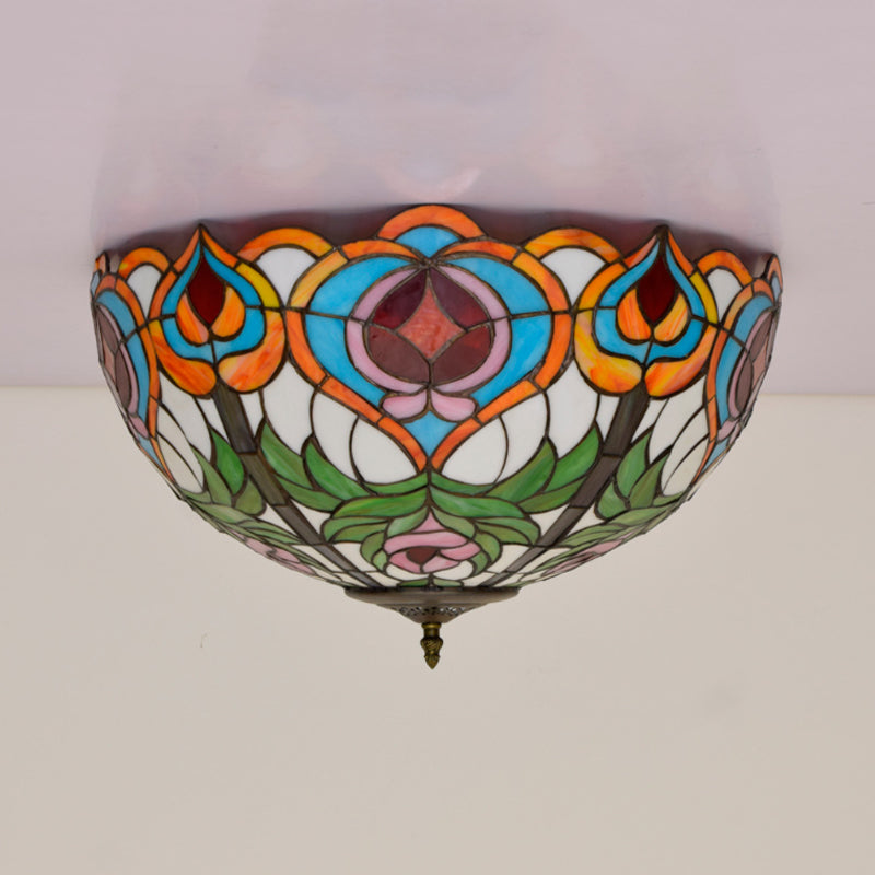 Victorian Glass Ceiling Flush Mount Light Fixture - Bowl Cut 2/3/5 Heads White/Green 12/16/19.5 Wide