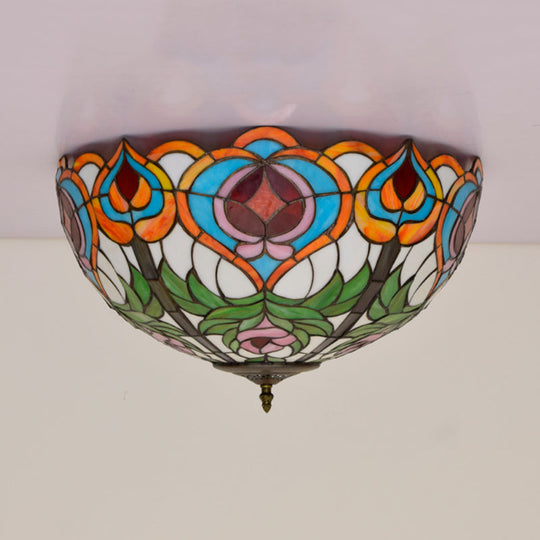 Victorian Glass Ceiling Flush Mount Light Fixture - Bowl Cut 2/3/5 Heads White/Green 12/16/19.5 Wide