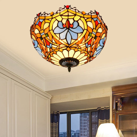 Blue Hand Cut Glass Ceiling Mount Light Scalloped Baroque Design 12/16 Width 2/3 Lights / 16