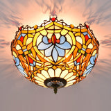 Blue Hand Cut Glass Ceiling Mount Light Scalloped Baroque Design 12/16 Width 2/3 Lights