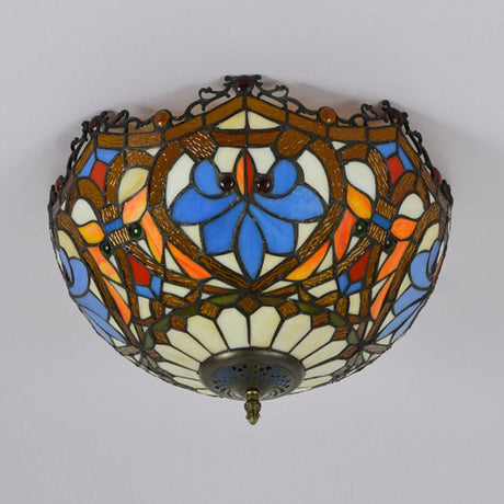 Blue Hand Cut Glass Ceiling Mount Light Scalloped Baroque Design 12/16 Width 2/3 Lights