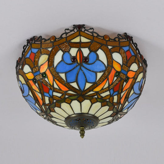 Blue Hand Cut Glass Ceiling Mount Light Scalloped Baroque Design 12/16 Width 2/3 Lights