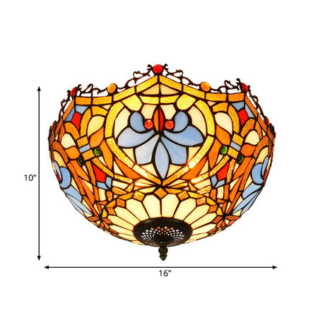 Blue Hand Cut Glass Ceiling Mount Light Scalloped Baroque Design 12/16 Width 2/3 Lights