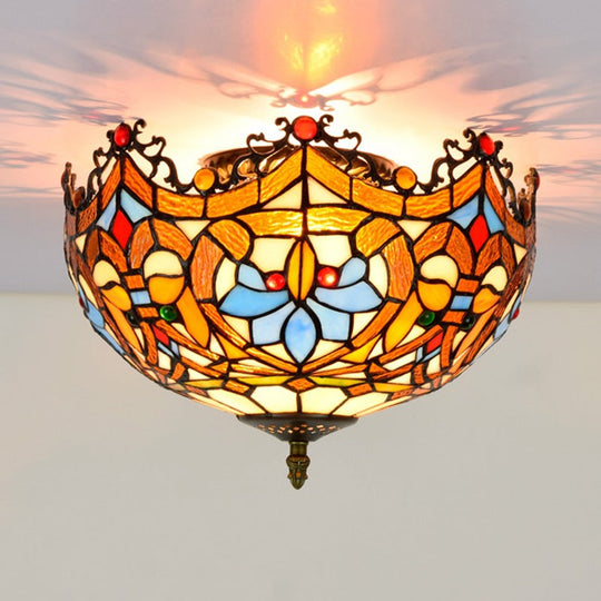 Blue Hand Cut Glass Ceiling Mount Light Scalloped Baroque Design 12’/16’ Width 2/3 Lights / 12’
