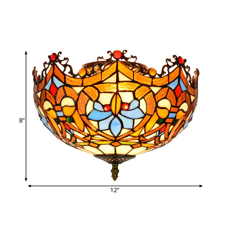 Blue Hand Cut Glass Ceiling Mount Light Scalloped Baroque Design 12/16 Width 2/3 Lights