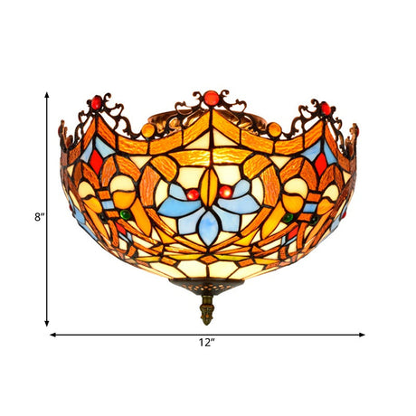 Blue Hand Cut Glass Ceiling Mount Light Scalloped Baroque Design 12/16 Width 2/3 Lights