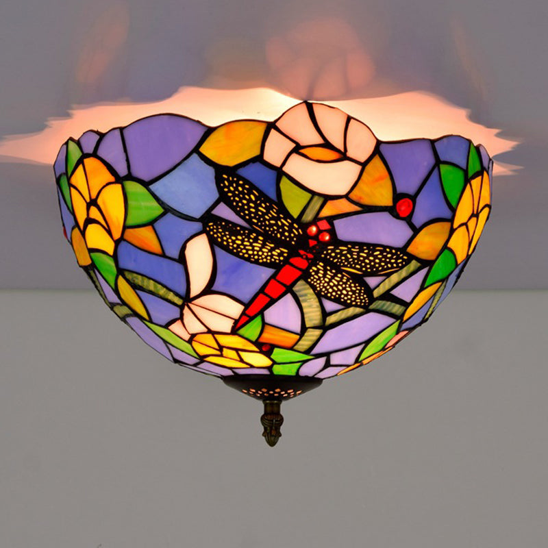 Tiffany Dragonfly Flush Mount - Handcrafted Stained Glass Ceiling Lamp With Brass Finish