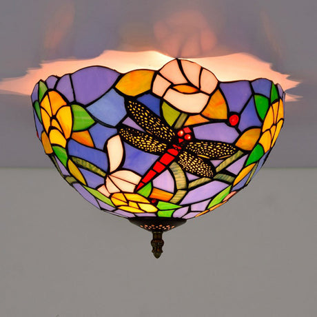 Tiffany Dragonfly Flush Mount - Handcrafted Stained Glass Ceiling Lamp With Brass Finish