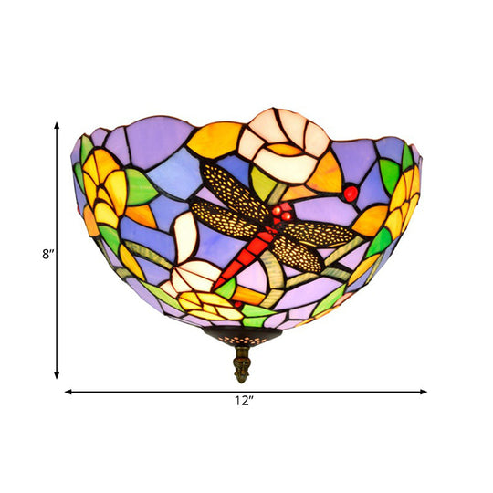 Tiffany Dragonfly Flush Mount - Handcrafted Stained Glass Ceiling Lamp With Brass Finish