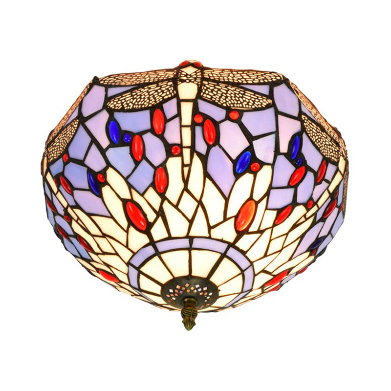 Tiffany Dragonfly Flush Mount - Handcrafted Stained Glass Ceiling Lamp With Brass Finish