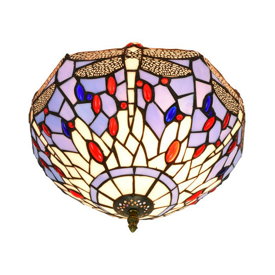 Tiffany Dragonfly Flush Mount - Handcrafted Stained Glass Ceiling Lamp With Brass Finish