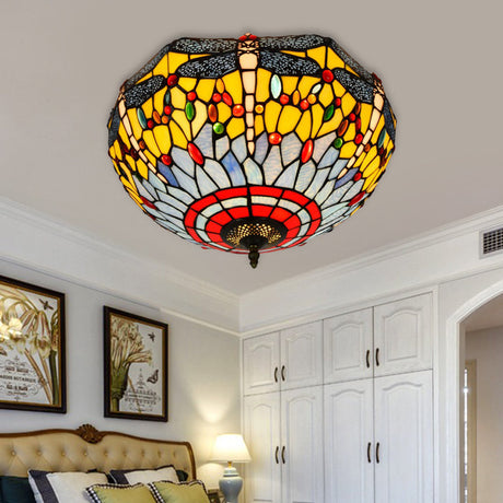 Tiffany Dragonfly Stained Glass Ceiling Lamp - Flush Mount Fixture In Red/Yellow/Orange Perfect For