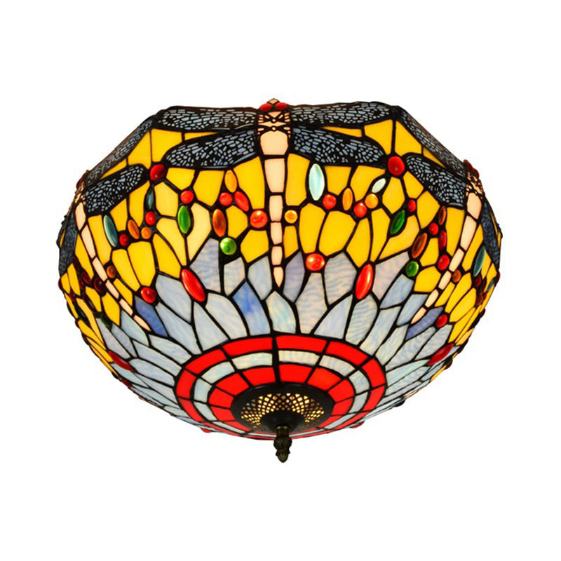 Tiffany Dragonfly Stained Glass Ceiling Lamp - Flush Mount Fixture In Red/Yellow/Orange Perfect For