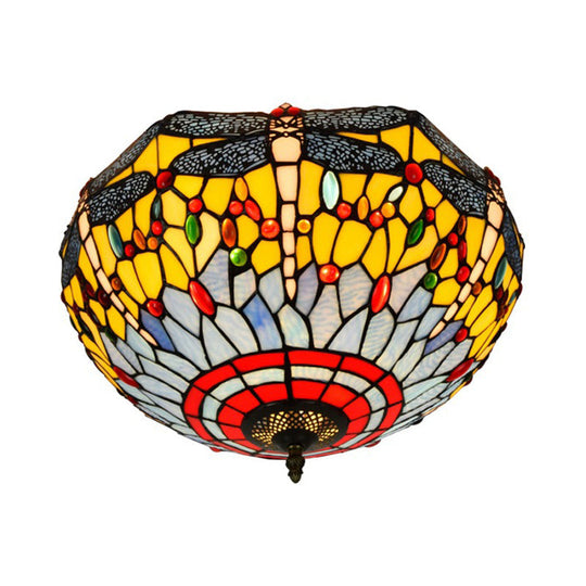 Tiffany Dragonfly Stained Glass Ceiling Lamp - Flush Mount Fixture In Red/Yellow/Orange Perfect For