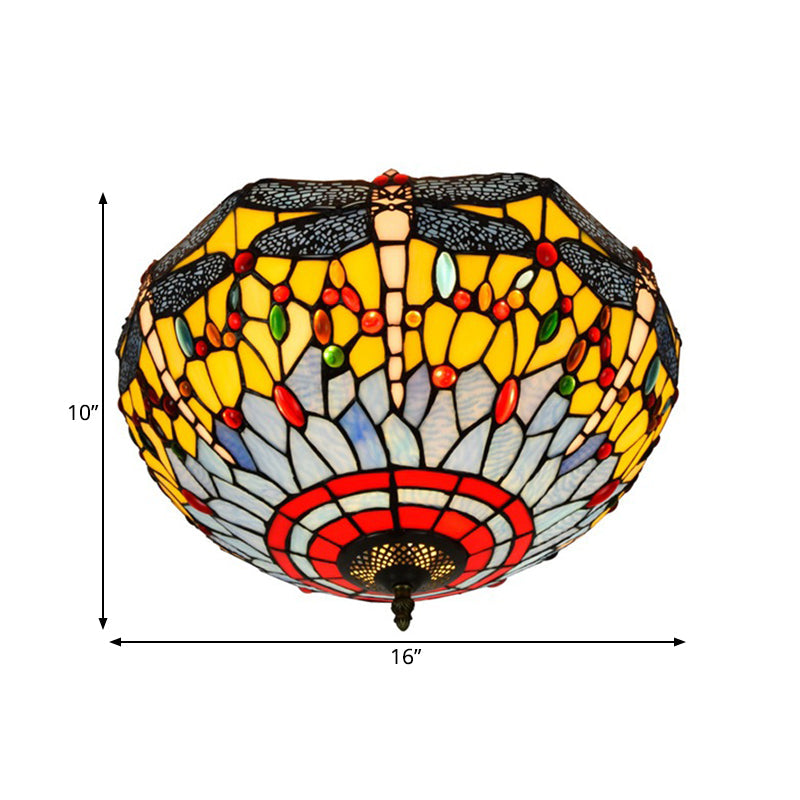 Tiffany Dragonfly Stained Glass Ceiling Lamp - Flush Mount Fixture In Red/Yellow/Orange Perfect For
