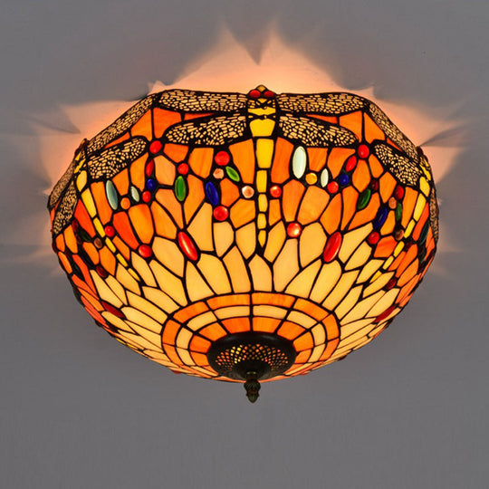 Tiffany Dragonfly Stained Glass Ceiling Lamp - Flush Mount Fixture In Red/Yellow/Orange Perfect For