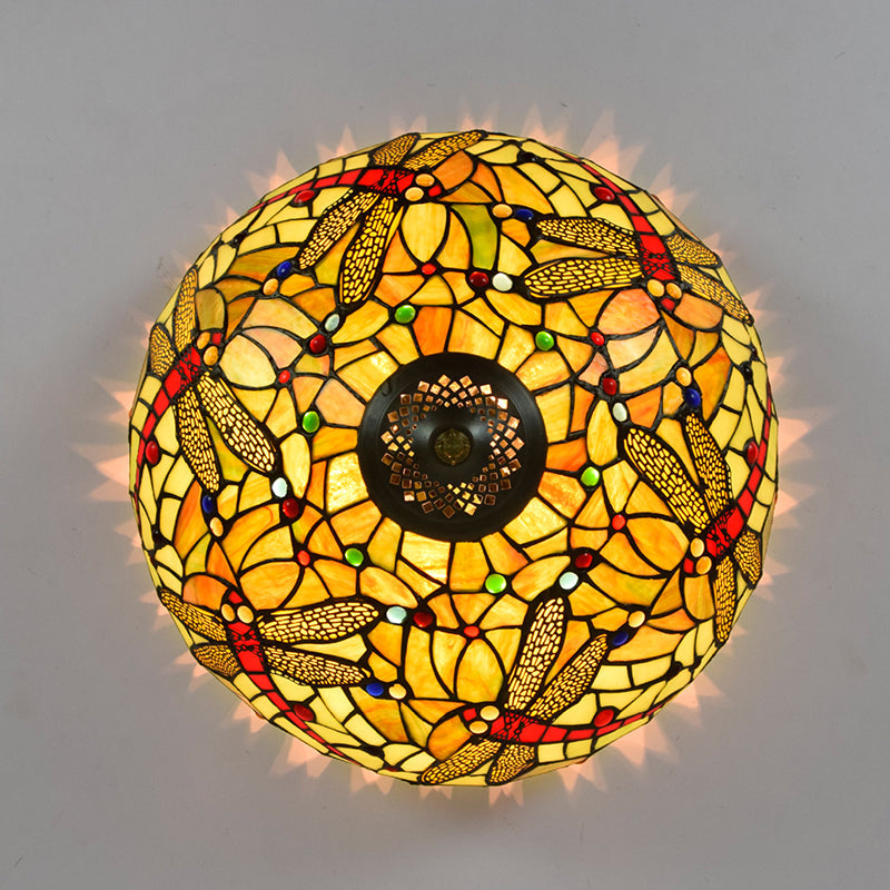 Tiffany-Style Dragonfly Cut Glass Ceiling Lamp - Bronze Flush Mount With 3 Heads Elegant Light